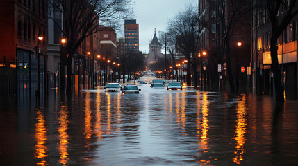Fototapeta premium City streets flooded and underwater scenes of devastation
