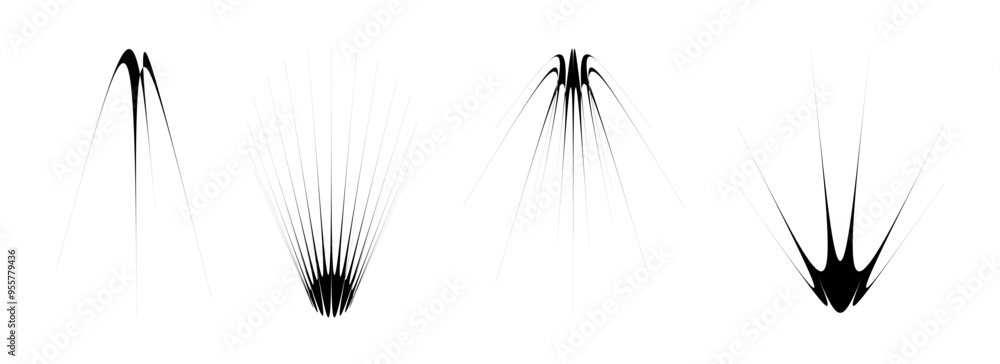 Poster Black thin spiky element set. Abstract sharp thorn shapes and angular twinkles bundle. Futuristic spokes objects for poster design, collage, banner, logo, card, icon, label, sticker, badge. Vector