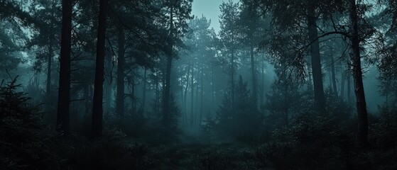 Obraz premium Misty Dark Forest With Tall Trees Creating an Eerie Atmosphere at Dawn or Dusk