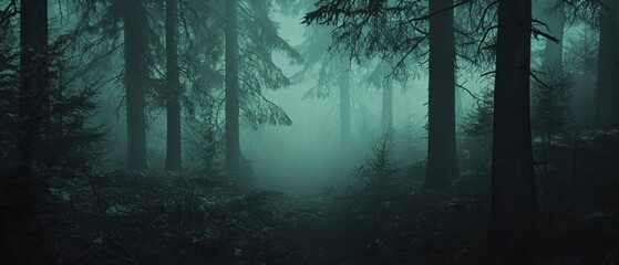 Obraz premium Misty Twilight Envelops a Dark Forest Filled With Towering Trees and a Sense of Mystery During Early Morning Hours