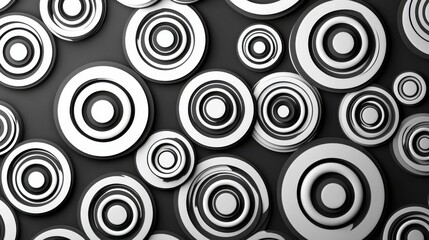 Black and White Circular Pattern Showcasing Layered Rings Arranged Dynamically on a Dark Background