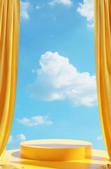 Bright Yellow Podium Accented with Airy Curtains on the Sides