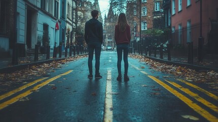 A couple standing in the middle of a deserted street, facing away from each other