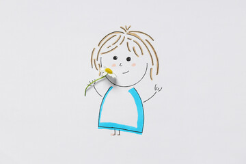 Drawn little girl with chamomile flower on light background