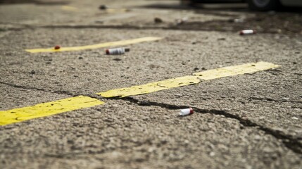 Obraz premium Cracked Pavement with Yellow Stripes