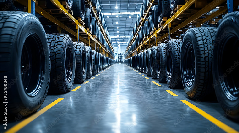 Poster warehouse filled with neatly stacked tires for storage and distribution.