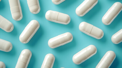 White capsules scattered on a blue background.