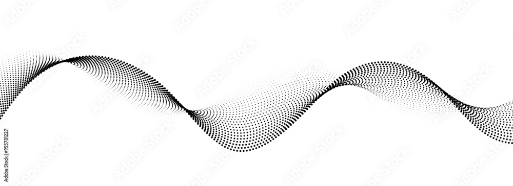 Poster Dotted wave line background. Black halftone undulate pattern. Abstract particle flow wave wallpaper. Curved dashed gradient net design element for poser, banner, presentation, booklet, flyer. Vector