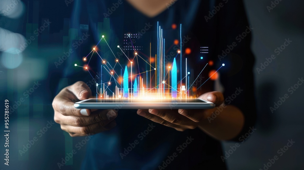 Poster hands holding a tablet with glowing graphs and charts, symbolizing the power of technology in modern