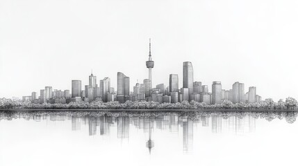 elegant line art rendition of seouls iconic skyline minimalist black and white illustration captures the citys architectural marvels clean sophisticated representation of urban landscape