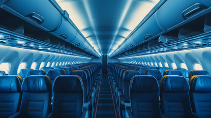 Fototapeta premium Modern airplane interior with rows of seating and bins