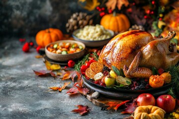 Thanksgiving Dinner with Roasted Turkey Pumpkin Apples and Fall Decor