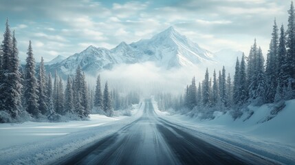 Snowy Road Through Mountains with Fog