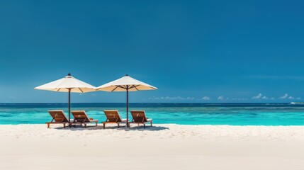 Fototapeta premium Relaxing Beach Scene with Umbrellas and Lounge Chairs
