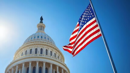 American flag waving beside the U.S. Capitol building on a clear day.