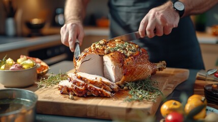Man Carving Roasted Turkey on Wooden Cutting Board for Thanksgiving Dinner
