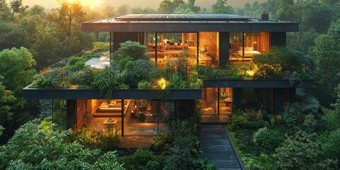Fototapeta premium A modern, multi-level home with a green roof nestled in a lush forest setting. The warm glow of the interior lights contrasts with the deep green foliage.