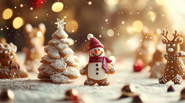  Festive Christmas Gingerbread Wonderland: Tree, Snowman, and Reindeer Cookies on Elegant Table with Soft Lighting and Warm Atmosphere. Joyful Snowman and Cookie Tree in Focus Amidst Blurred Christmas