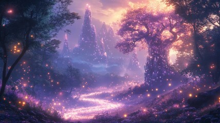Mystical Forest with Glowing Crystal Mountains and a River of Light