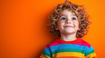 Smiling Caucasian boy with curly hair in a colorful striped sweater against an orange backdrop.