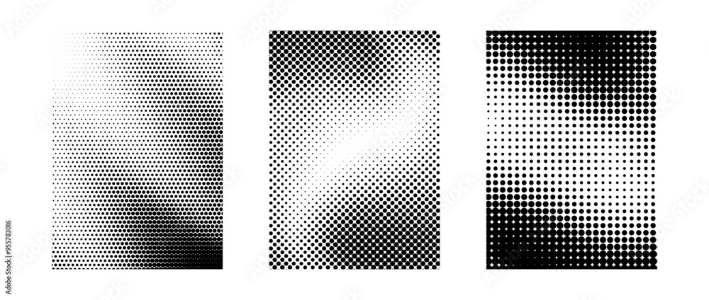 Poster Grunge halftone gradient background set. Different black grit sand noise texture collection. Retro dotted pixelated raster backdrop pack. Comic polka dot overlay for banner, poster, print. Vector