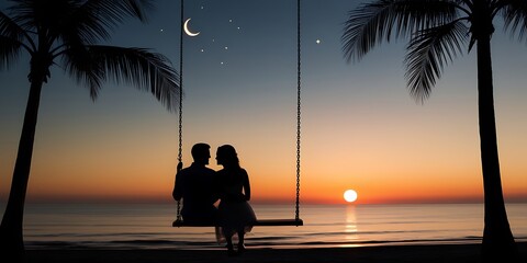 A couple sitting on a beach swing, enjoying the sunset on a tropical island The night view captures the essence of a summer vacation Generative AI 