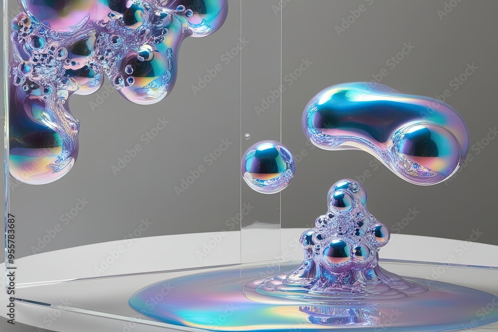 Poster Iridescent Bubbling Fluid 3D Structure on Clear Canvas