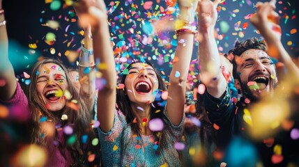 Vibrant celebration with friends, confetti flying and everyone cheering in excitement.