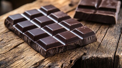 Dark chocolate bar on a rustic wooden surface, a rich and flavonoid-packed brain-stimulating treat