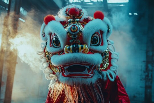 Vibrant Chinese lion dance performance showcasing cultural tradition in an old warehouse setting during a festive celebration