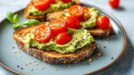 Whole grain toast with smashed avocado and cherry tomatoes, a simple and healthy breakfast