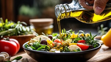 Hand pouring olive oil over a fresh salad, highlighting healthy fats for brain health