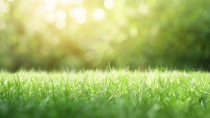 Close-up of lush green grass blades in a meadow with soft sunlight.