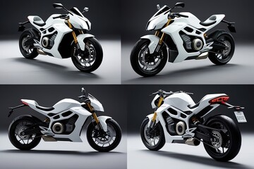 Obraz premium Clutch of Futuristic White Motorcycles Showcased in Lateral and Top Perspectives
