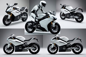 Obraz premium Showcasing Futuristic White Motorcycles from Lateral and Top Views