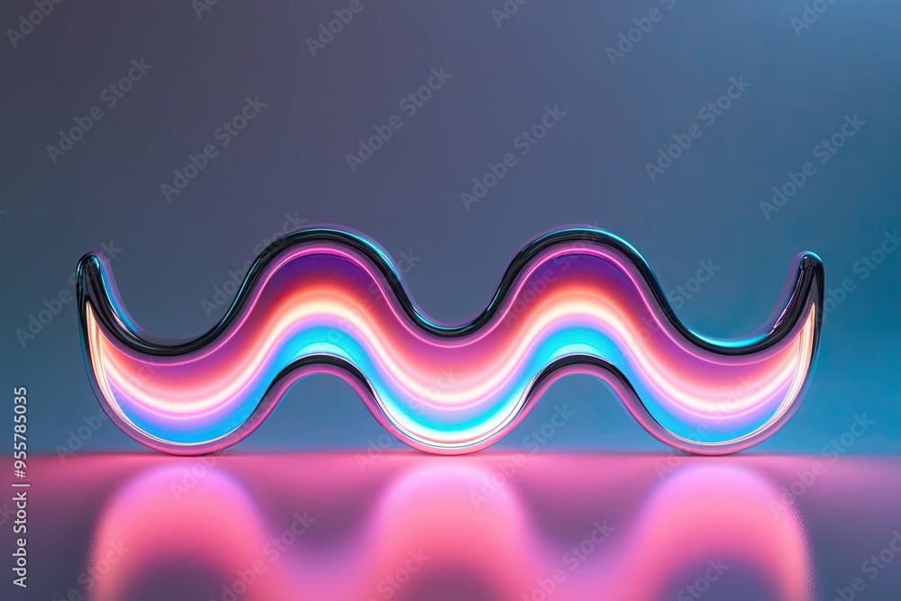 Poster holographic gradient neon wave shape in a three-dimensional glossy design