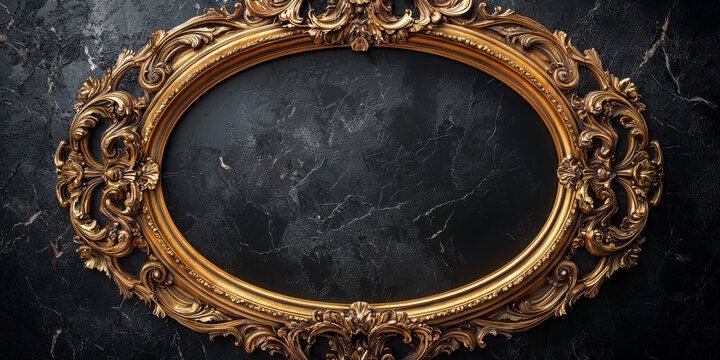 Ornate gold frame against a black marble background.  Elegant and classic.