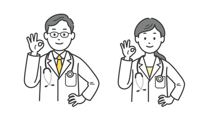 OKポーズをして腰に手を当てる医師男女の上半身イラスト