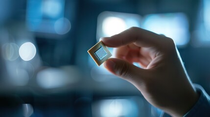 Closeup of a CPU chip being held in a hand