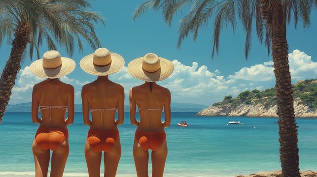 groupe de copines femme qui regardent le paysage sur la plage, Vacances d'&eacute;t&eacute; tropicales; d&eacute;tente et baignade sous le soleil sur une plage paradisiaque