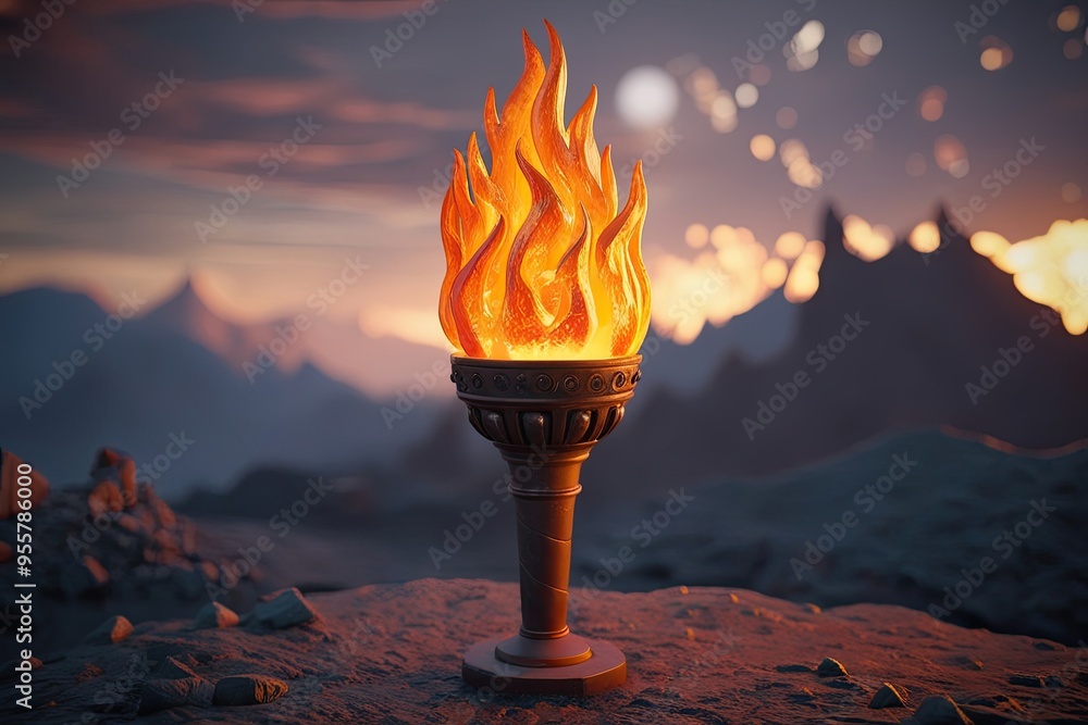 Poster 3d rendering of a fiery ancient torch with blaze and flames