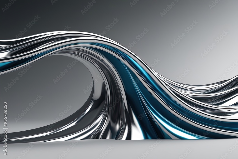 Poster three-dimensional metallic fluid shape - artistic titanium wave curve