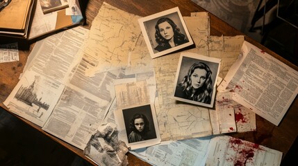 Vintage Investigation Scene with Photographs and Maps
