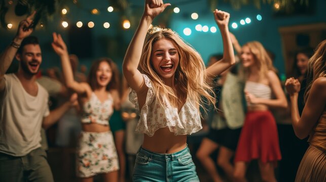Young woman with friends dancing to music at a lively party, the beats filling the air and everyone moving to the rhythm.