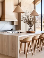 A modern kitchen with light wooden cabinets, integrated appliances, and an open-concept design