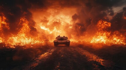 epic battle scene with armored tank crossing fiery minefield intense desert warfare with explosions and billowing smoke dramatic wideangle composition with ample negative space