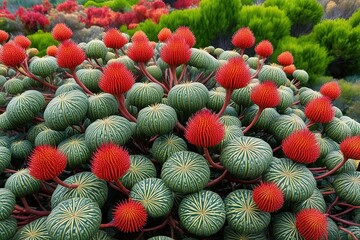 Obraz premium Stunning 3D Visualization of Banksia Spinulosa Shrubs Featuring Unique Leaf Patterns and Prickly Projections