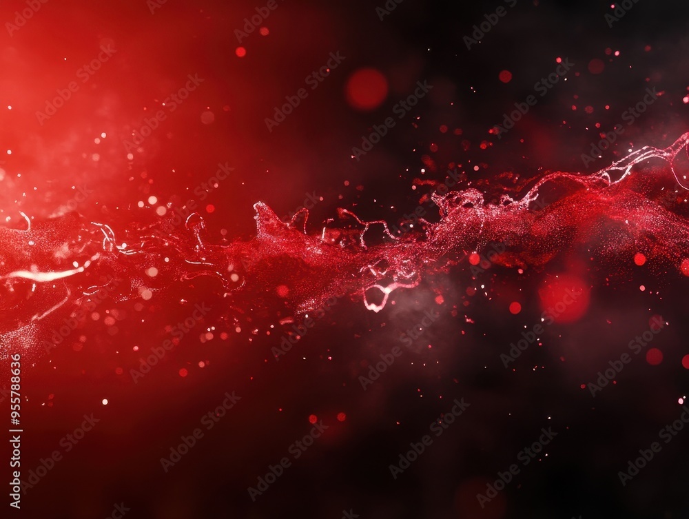 Poster dynamic abstract red wave with glowing particles on a dark background, perfect for dramatic and arti