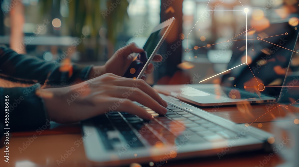 Poster closeup of hands typing on a laptop keyboard in a blurred background with a smartphone and digital o