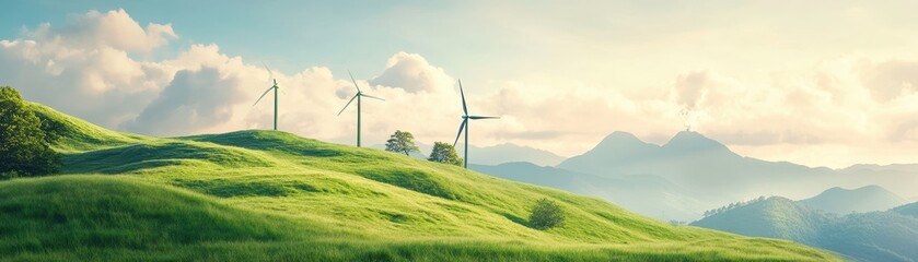 Fototapeta premium Breathtaking landscape featuring green hills, wind turbines, and mountains under a beautiful sky, symbolizing renewable energy.